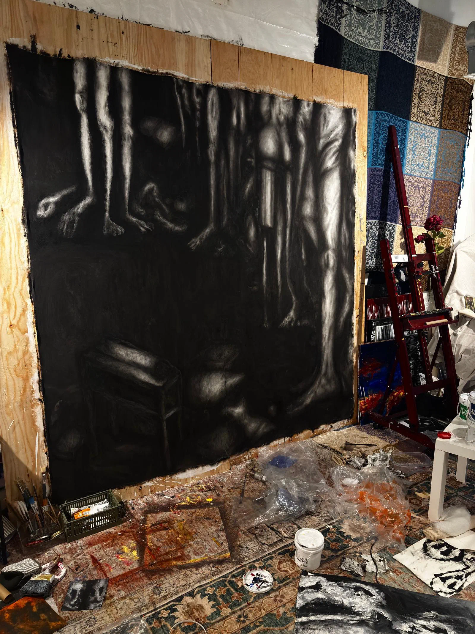 v. Autogamous (2026), 84 × 84 in, against the plywood wall of the studio, August 2026.