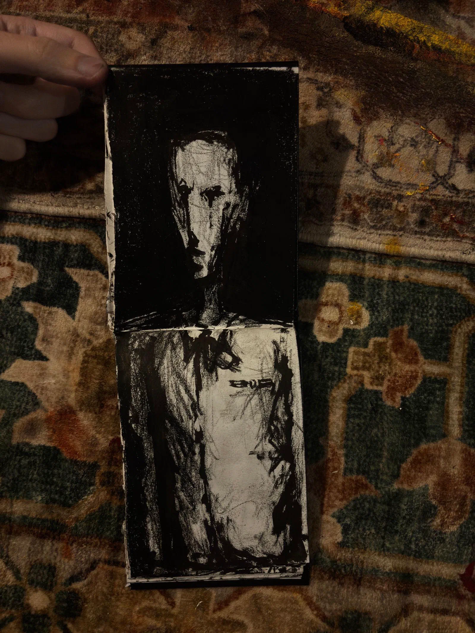A sketchbook spread: a gaunt face and torso on a black ground, August 2026.