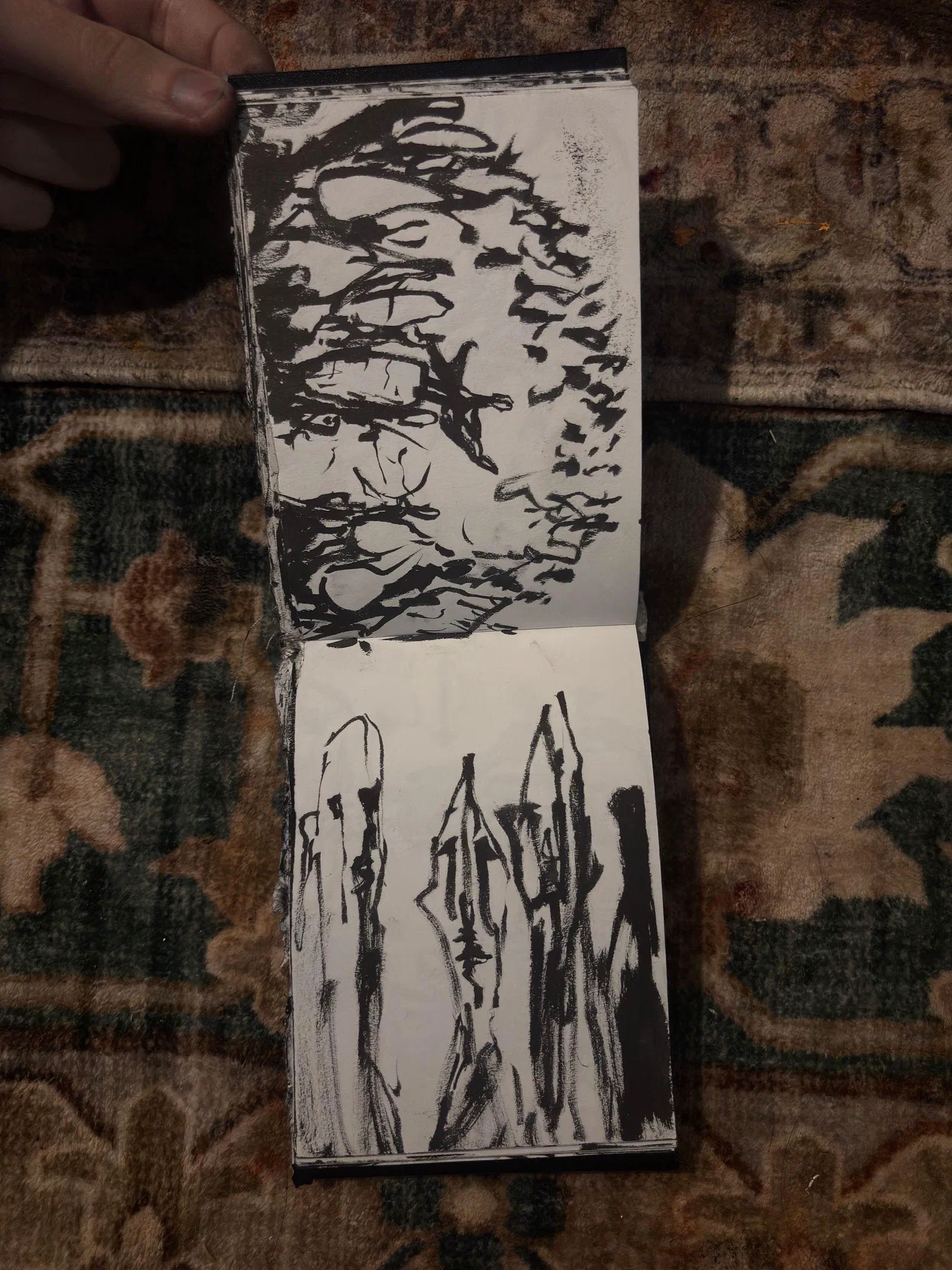 A sketchbook spread: dense black branches above standing forms, August 2026.